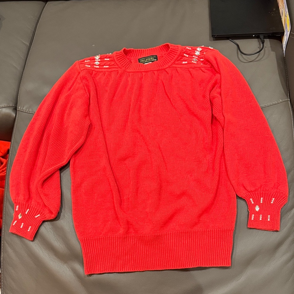 Maurada Chic Red Sweater with Jeweled Accents size Large